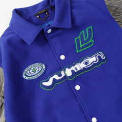 L's A Circular Pattern On The Back With Gray Sleeves Blue Jacket